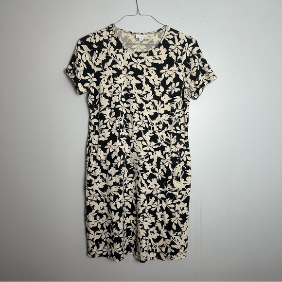 J. Jill Side Button Floral Knit Short Sleeve Dress, Size S, Black Cream Floral - Picture 1 of 7